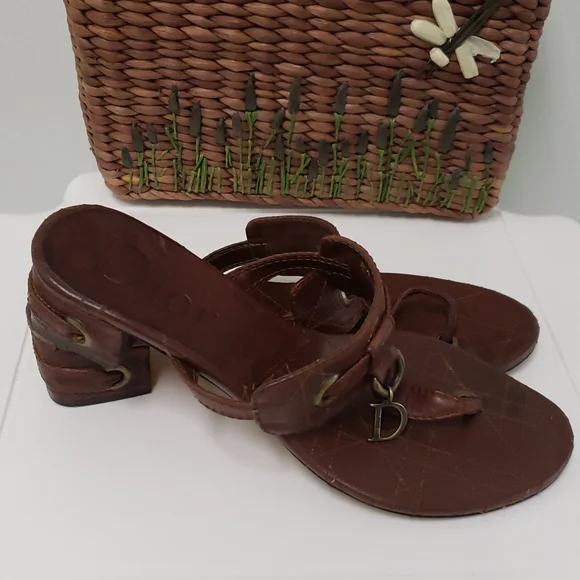 Christian Dior Brown Leather Cannage Block Heel Sandals Size 40